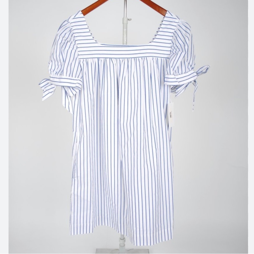 FRAME blue/white striped babydoll dress with tie sleeves 100% cotton pockets